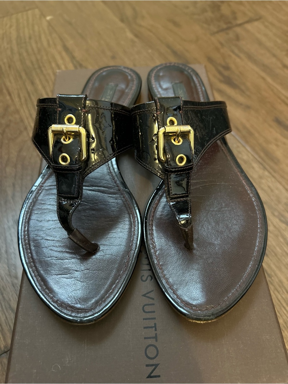 Louis Vuitton Black Patent Leather Thong Sandals with Gold Buckles